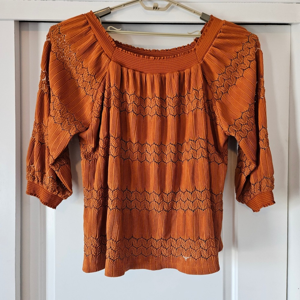 Susan Graver Off the Shoulder Blouse Womens 3X Orange Lace Boho Spring‎ Fall Top
